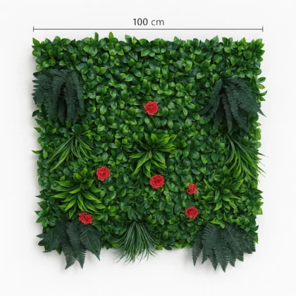 Artificial Green Wall Panel with Red Roses and Fern Foliage