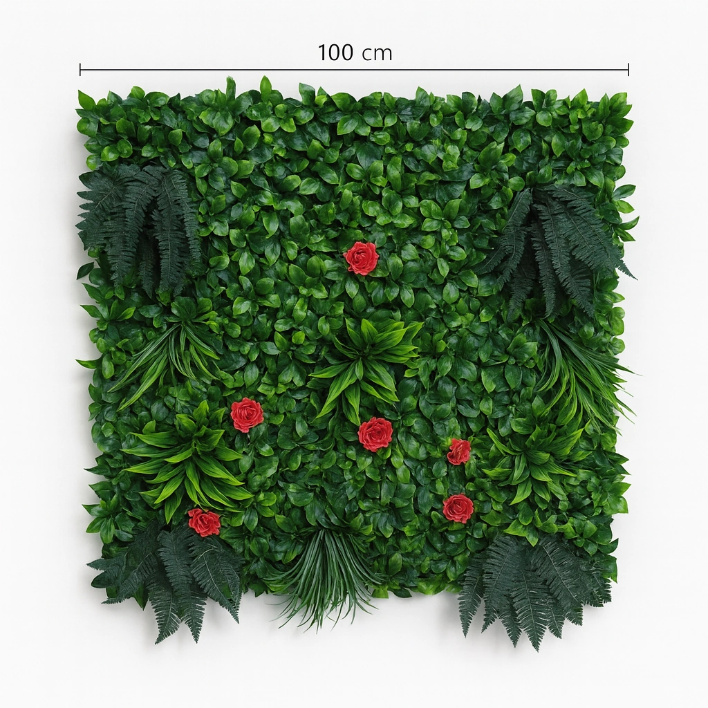 Artificial Green Wall Panel with Red Roses and Fern Foliage