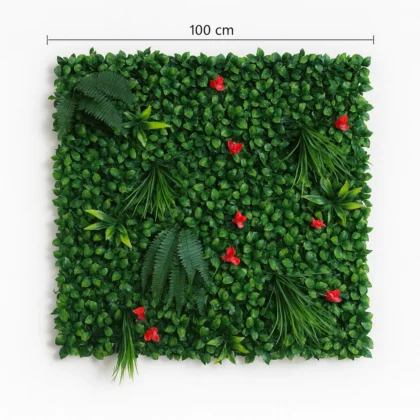 Artificial Tropical Leaf Wall Panel with Red Flower Accents