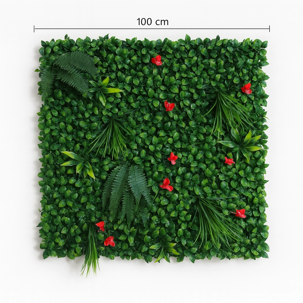 Artificial Tropical Leaf Wall Panel with Red Flower Accents