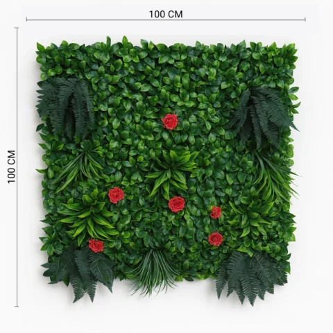 Artificial Green Wall Panel with Red Roses and Fern Foliage