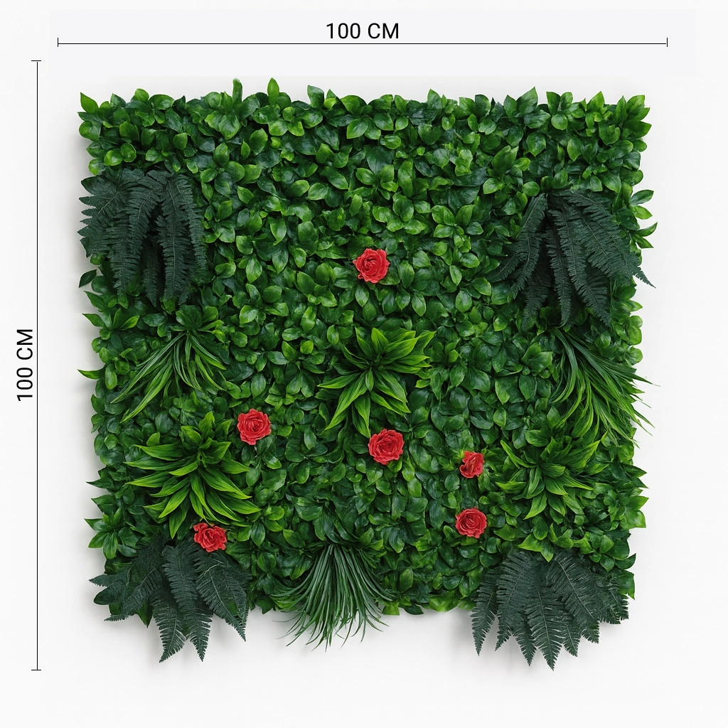 Artificial Green Wall Panel with Red Roses and Fern Foliage