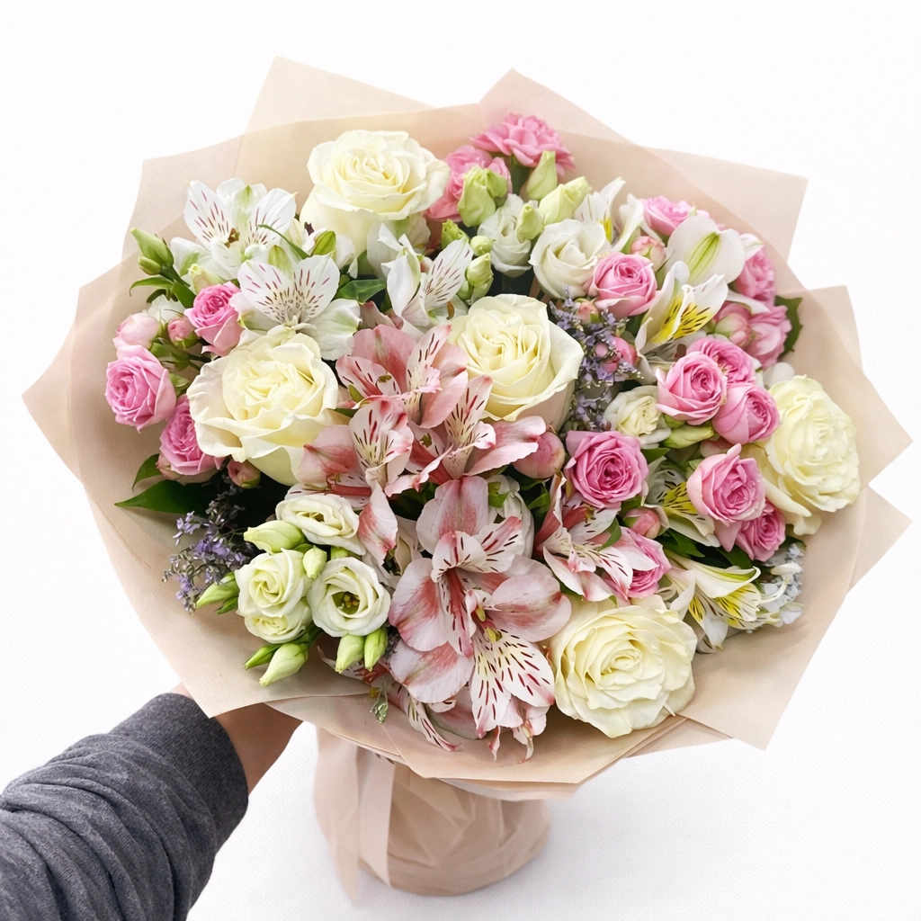 Garden Mix Bouquet (6 Roses, 6 Baby Roses, 6 Alstroemeria, 3 Eustoma, Accessories)