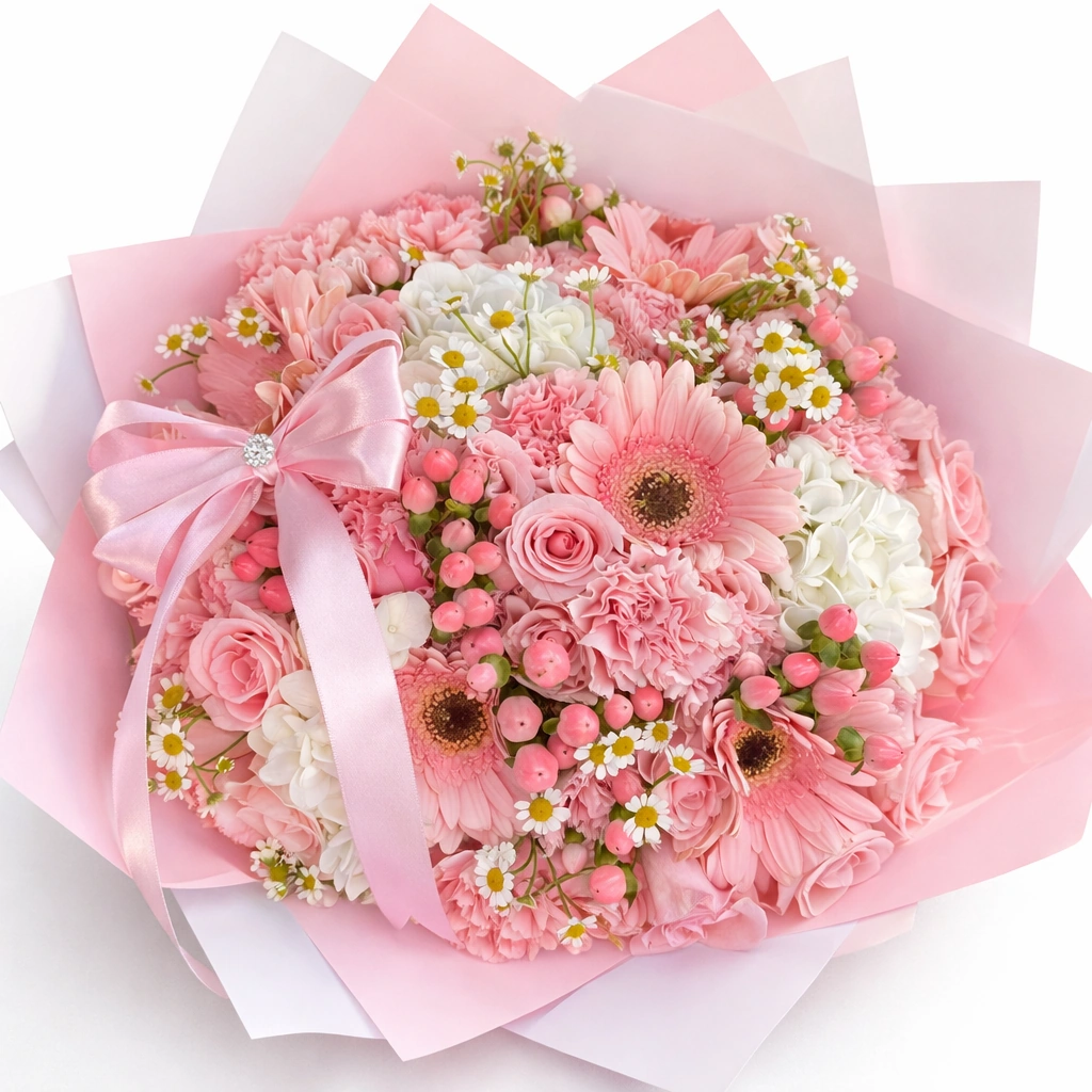 Simple Mix Bouquet (6 Roses, 6 Gerbera, 12 Carnations, Accessories)