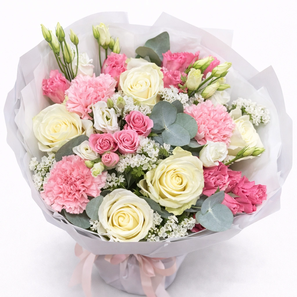 Soft Mix Bouquet (6 Roses, 6 Carnations, Eustoma, 3 Baby Roses, Accessories)
